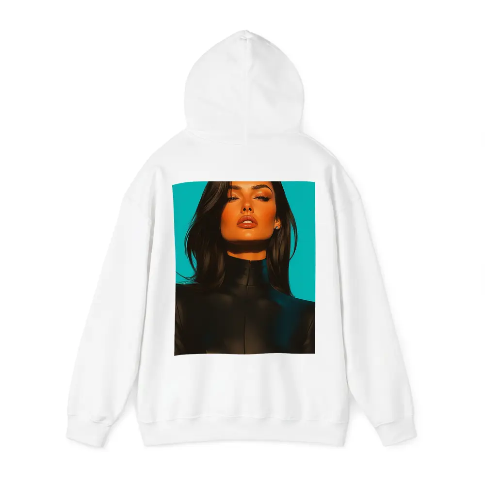 Dark Hair Woman Black Outfit Teal Background – Hoodies