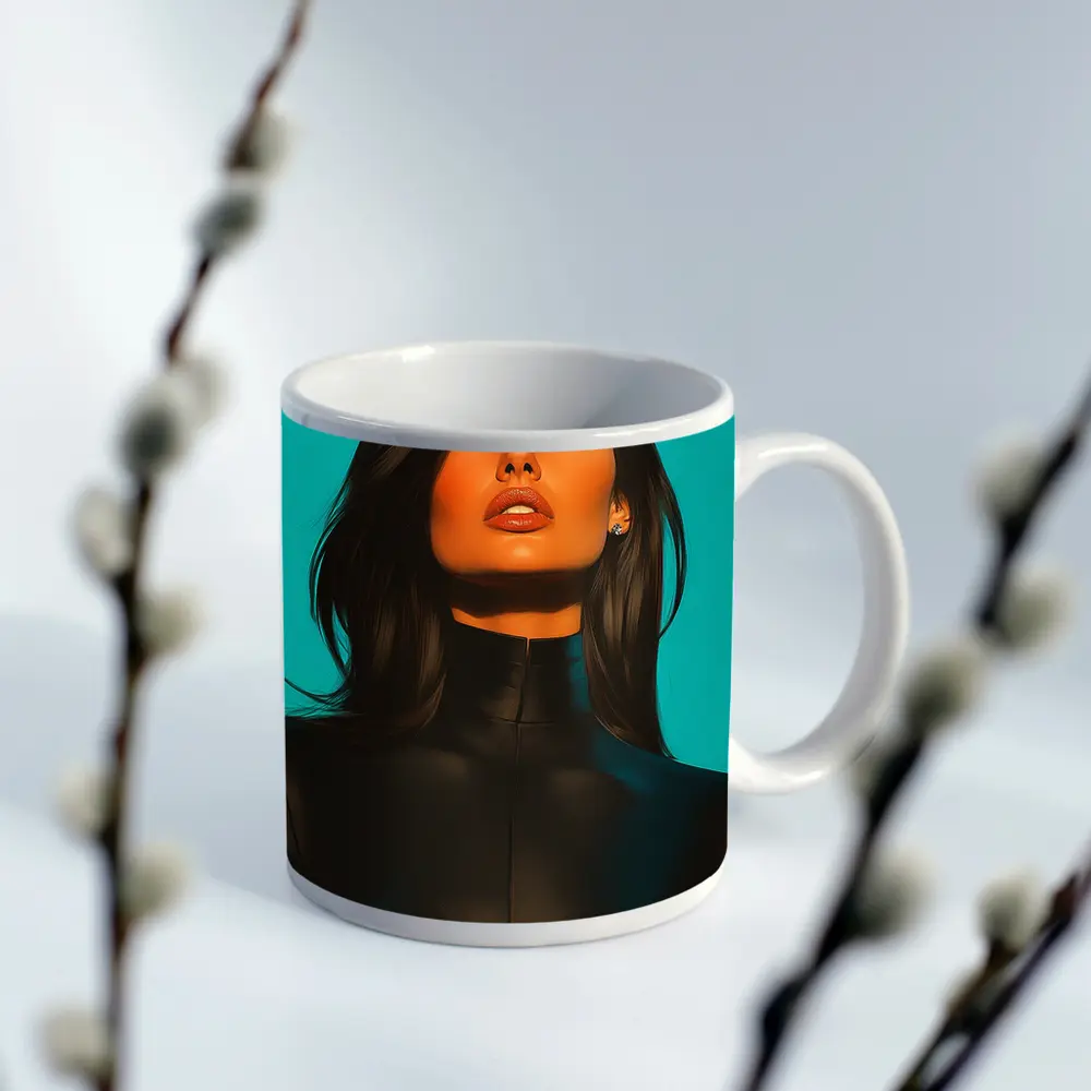 Dark Hair Woman Black Outfit Teal Background – Mugs