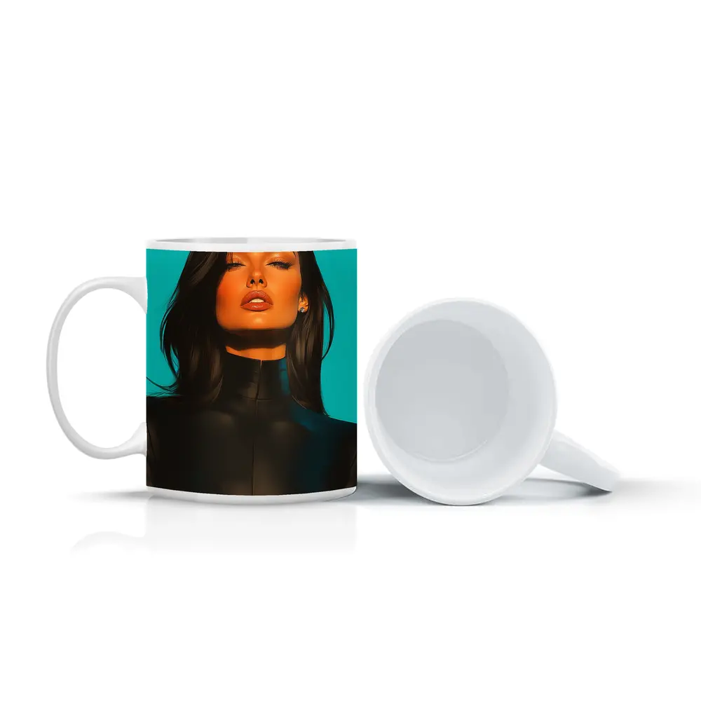 Dark Hair Woman Black Outfit Teal Background – Mugs