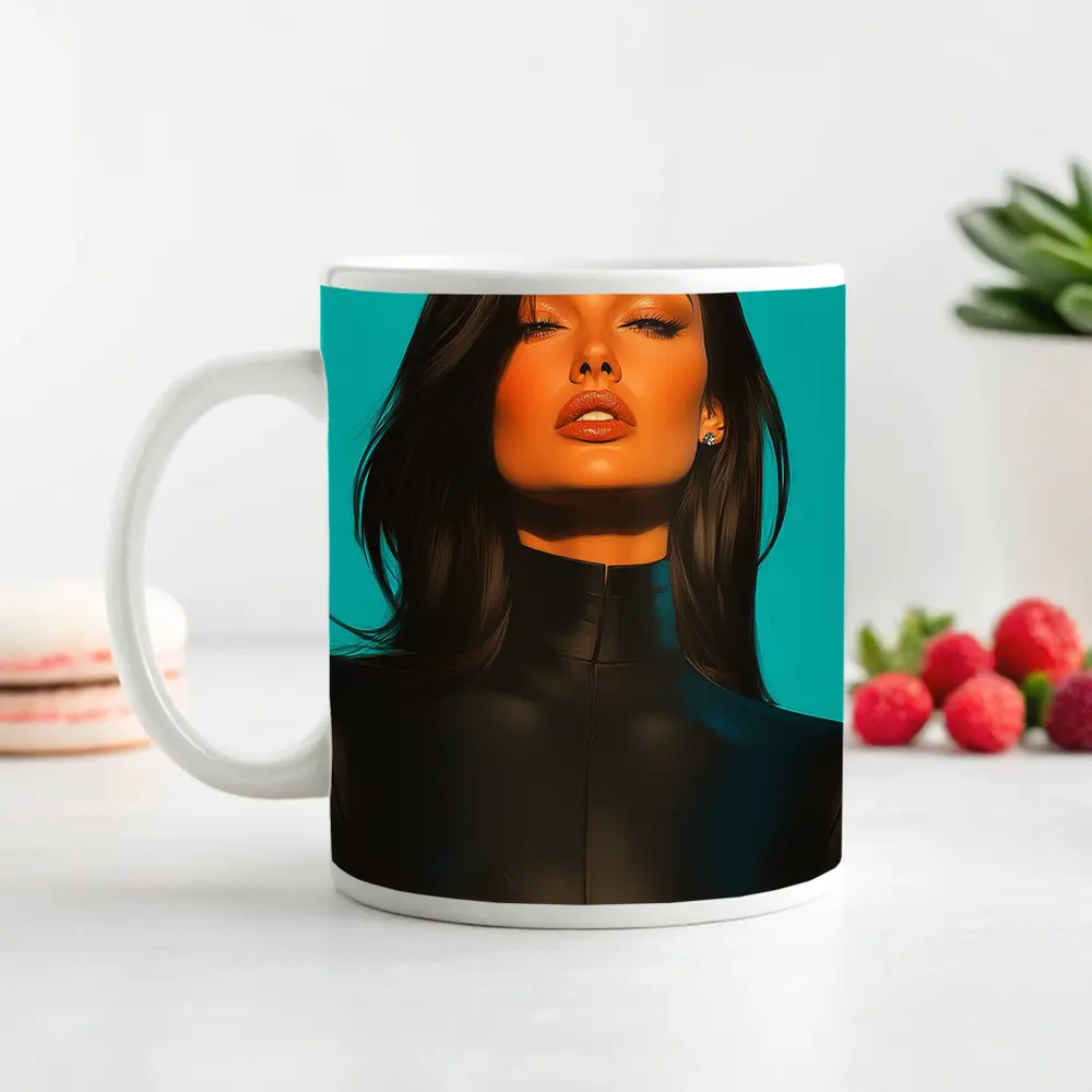 Dark Hair Woman Black Outfit Teal Background – Mugs