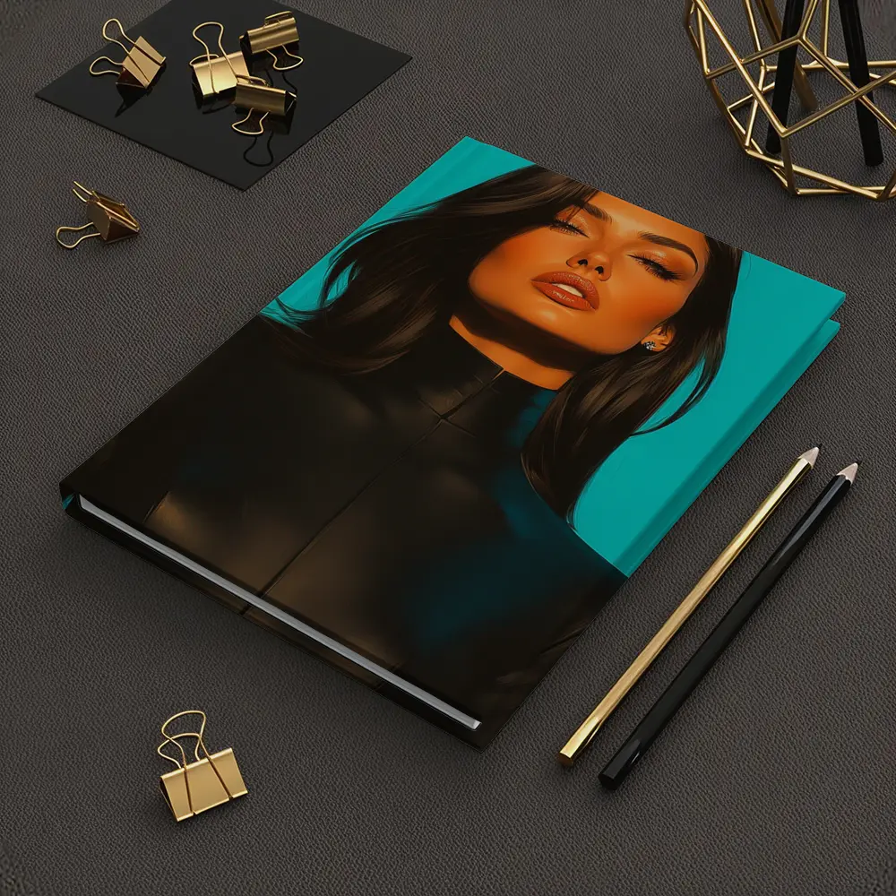 Dark Hair Woman Black Outfit Teal Background – Notebooks