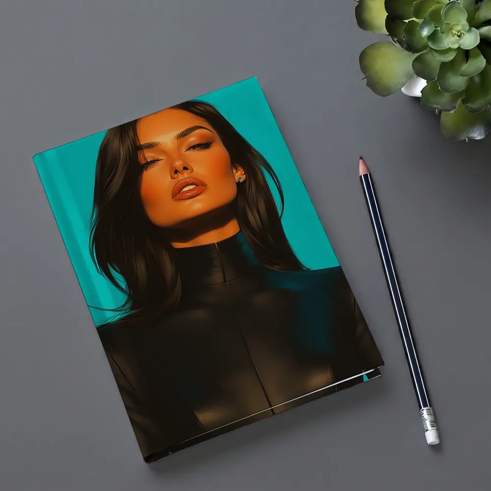 Dark Hair Woman Black Outfit Teal Background – Notebooks