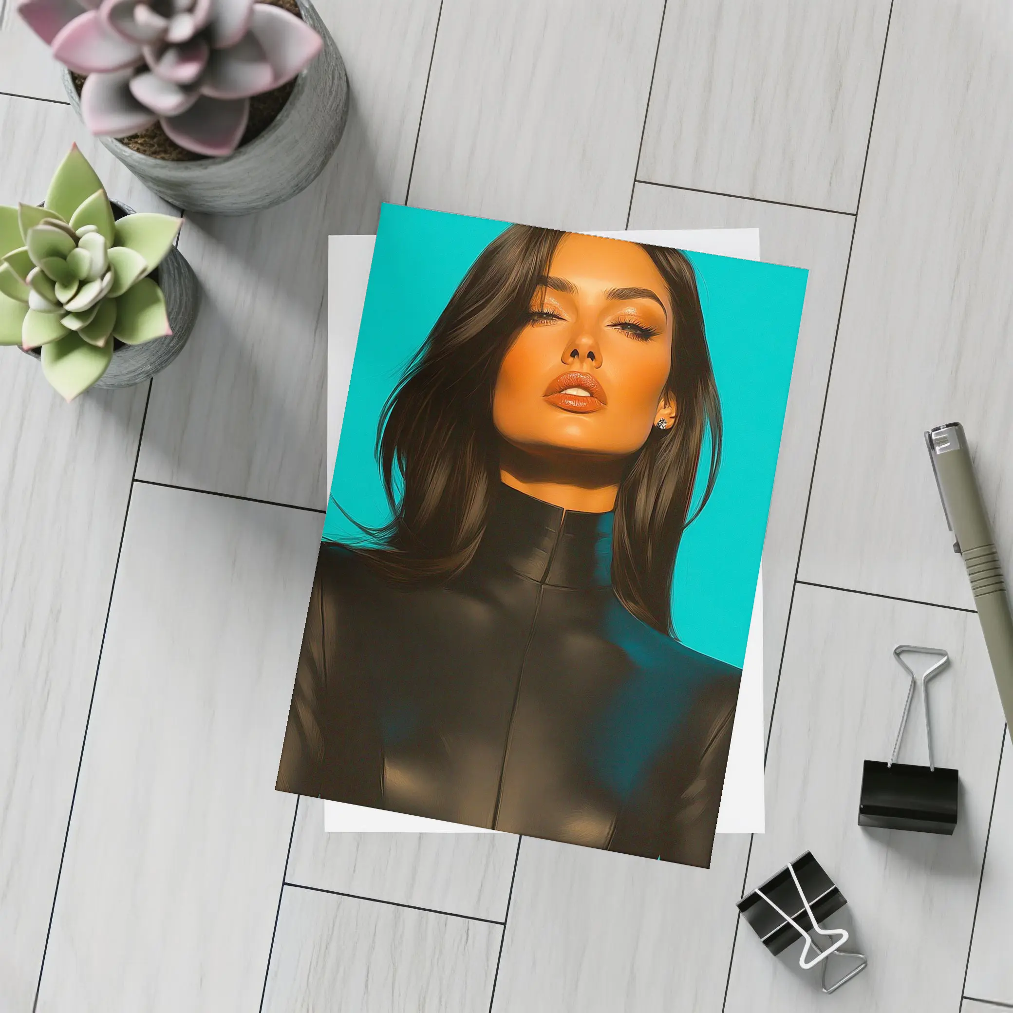 Dark Hair Woman Black Outfit Teal Background – Postcards