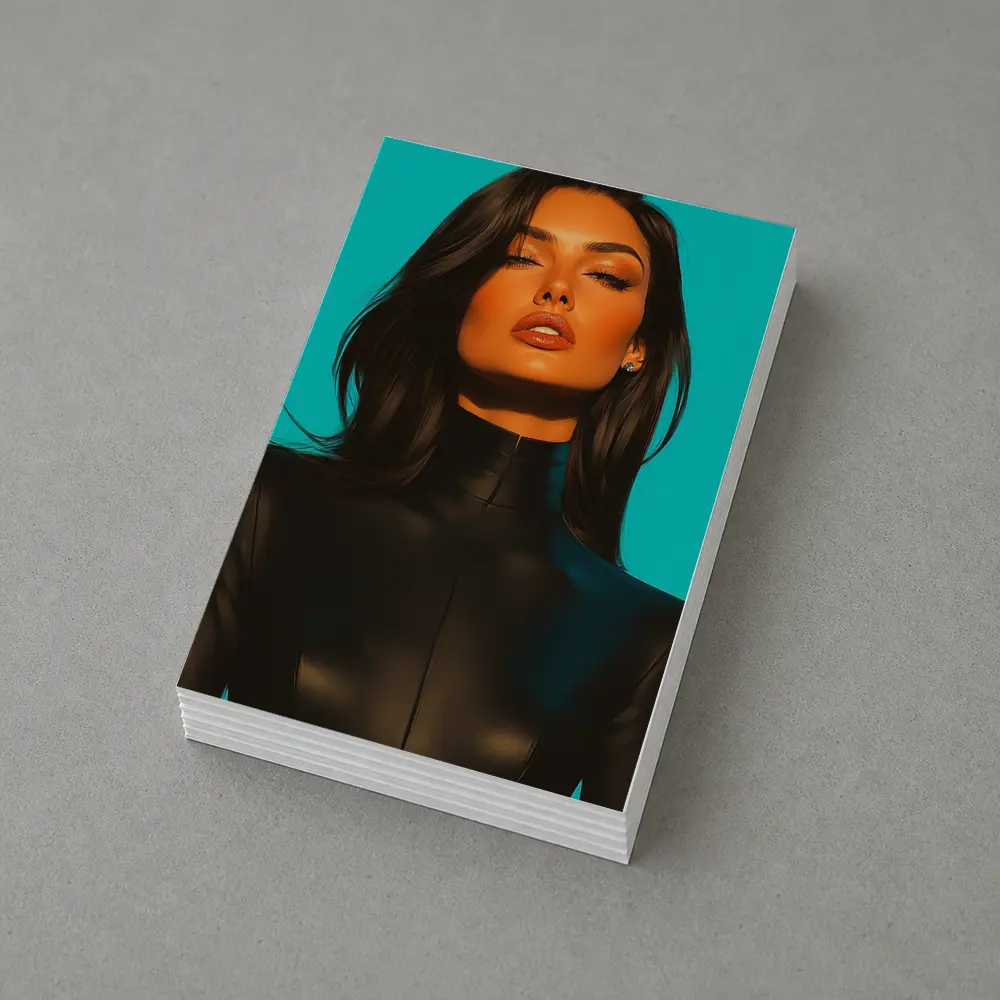 Dark Hair Woman Black Outfit Teal Background – Postcards