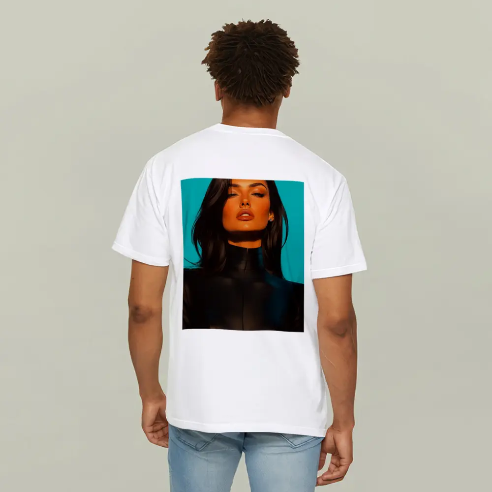 Dark Hair Woman Black Outfit Teal Background – T-Shirts