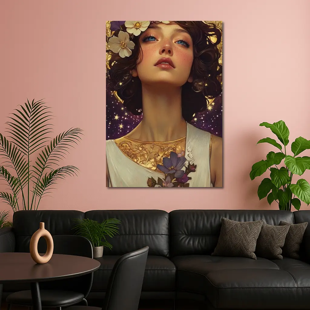 Art Nouveau Woman Gold Floral Starry Night – Wall Art