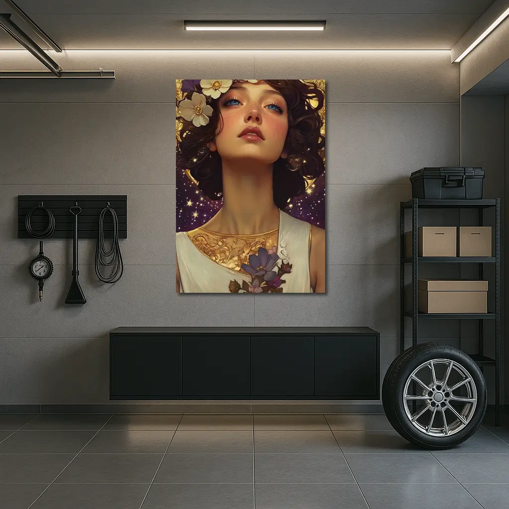 Art Nouveau Woman Gold Floral Starry Night – Wall Art