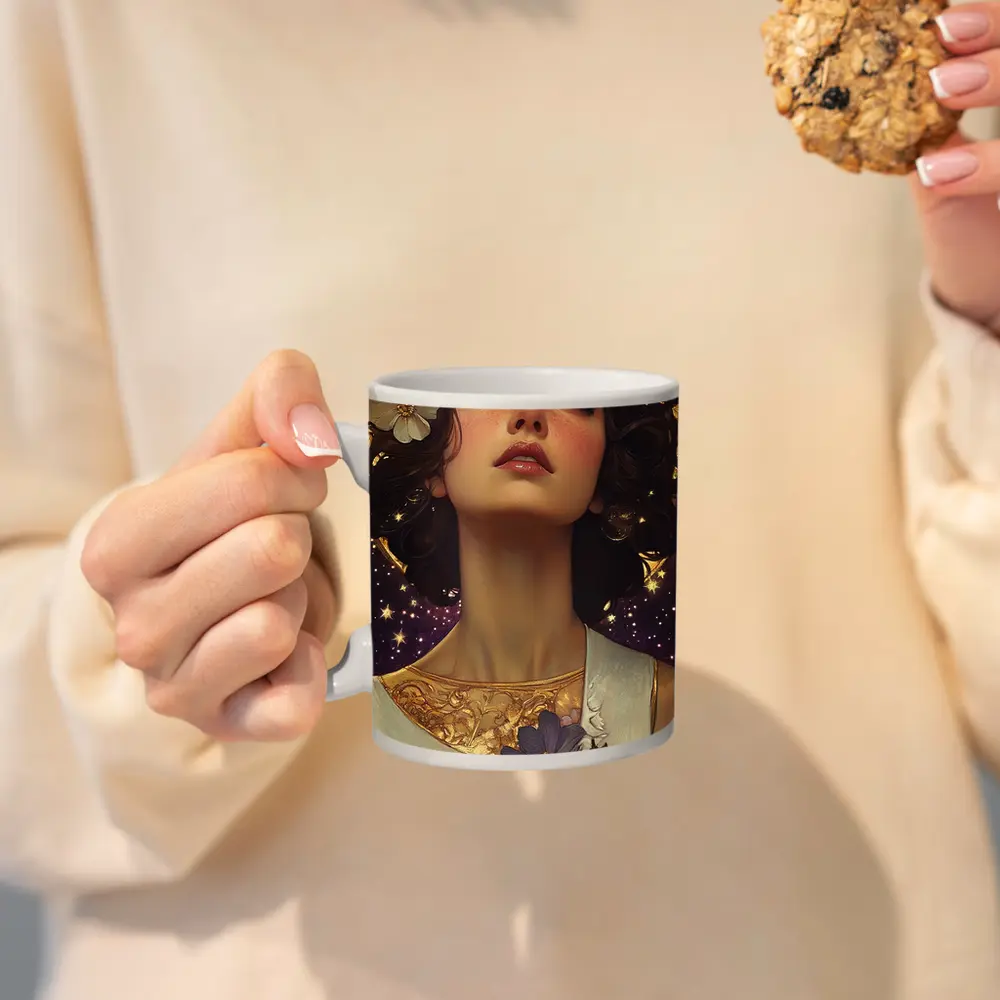 Art Nouveau Woman Gold Floral Starry Night – Mugs