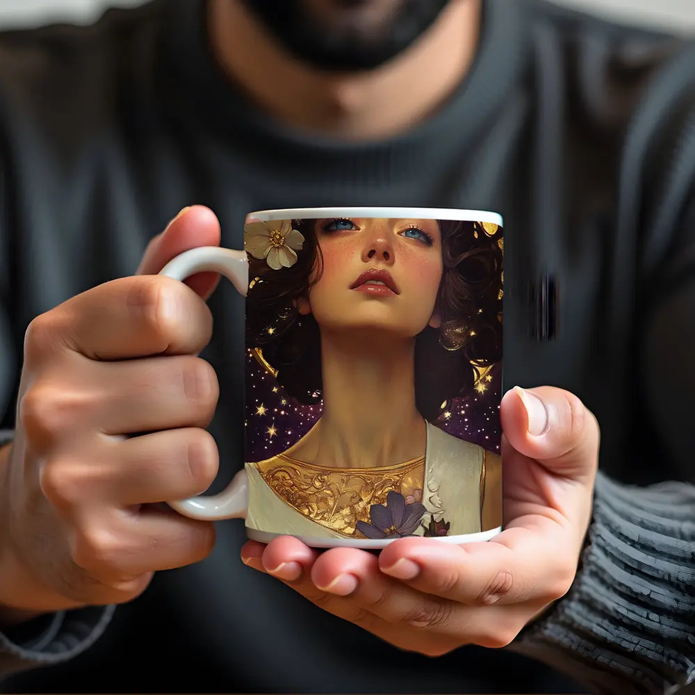 Art Nouveau Woman Gold Floral Starry Night – Mugs