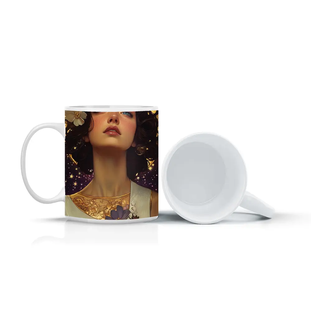 Art Nouveau Woman Gold Floral Starry Night – Mugs