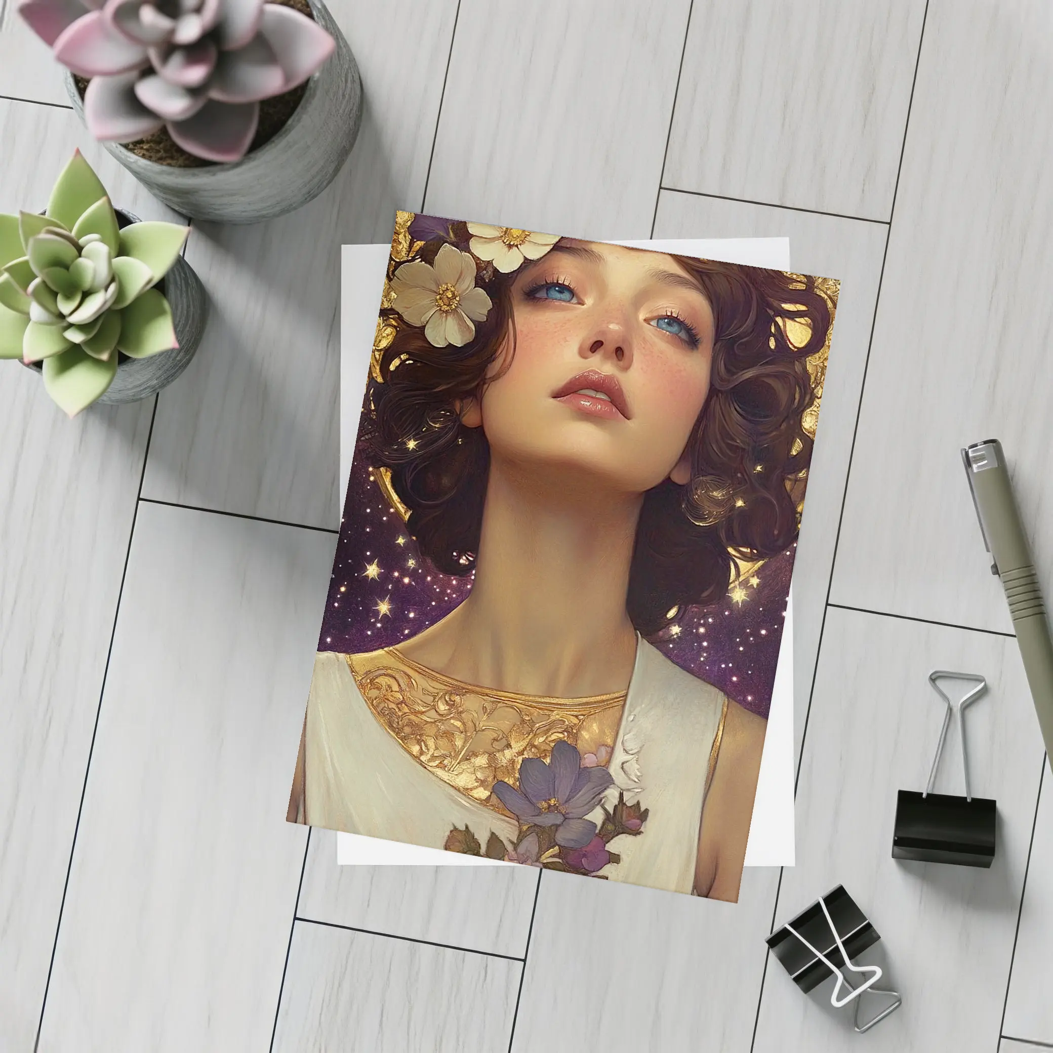 Art Nouveau Woman Gold Floral Starry Night – Postcards