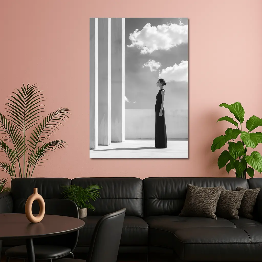 Woman Black Dress White Columns Sky – Wall Art