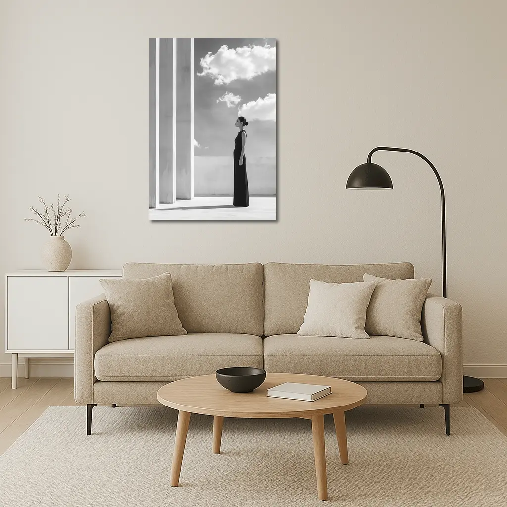 Woman Black Dress White Columns Sky – Wall Art