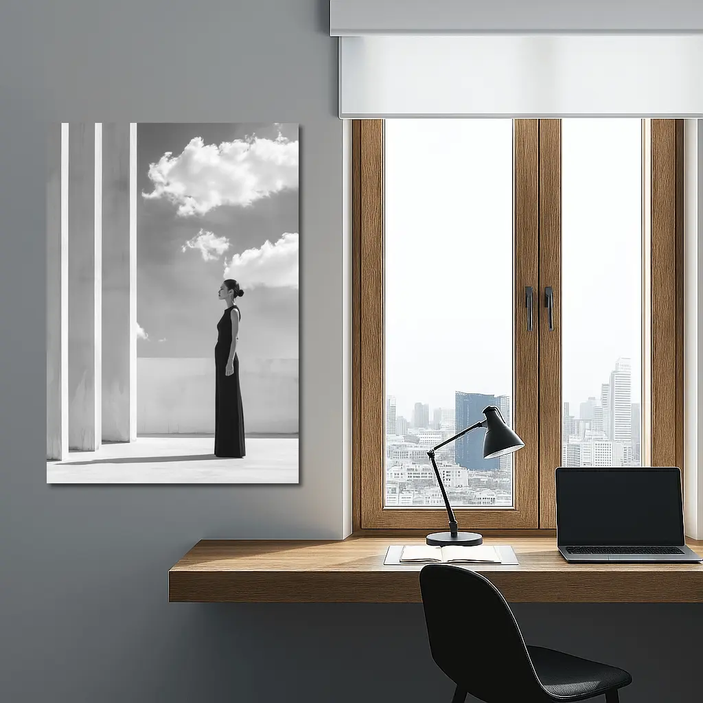 Woman Black Dress White Columns Sky – Wall Art