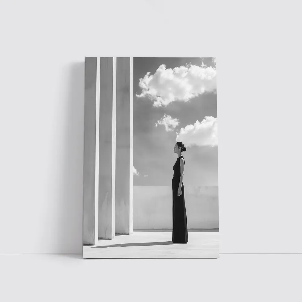Woman Black Dress White Columns Sky – Wall Art