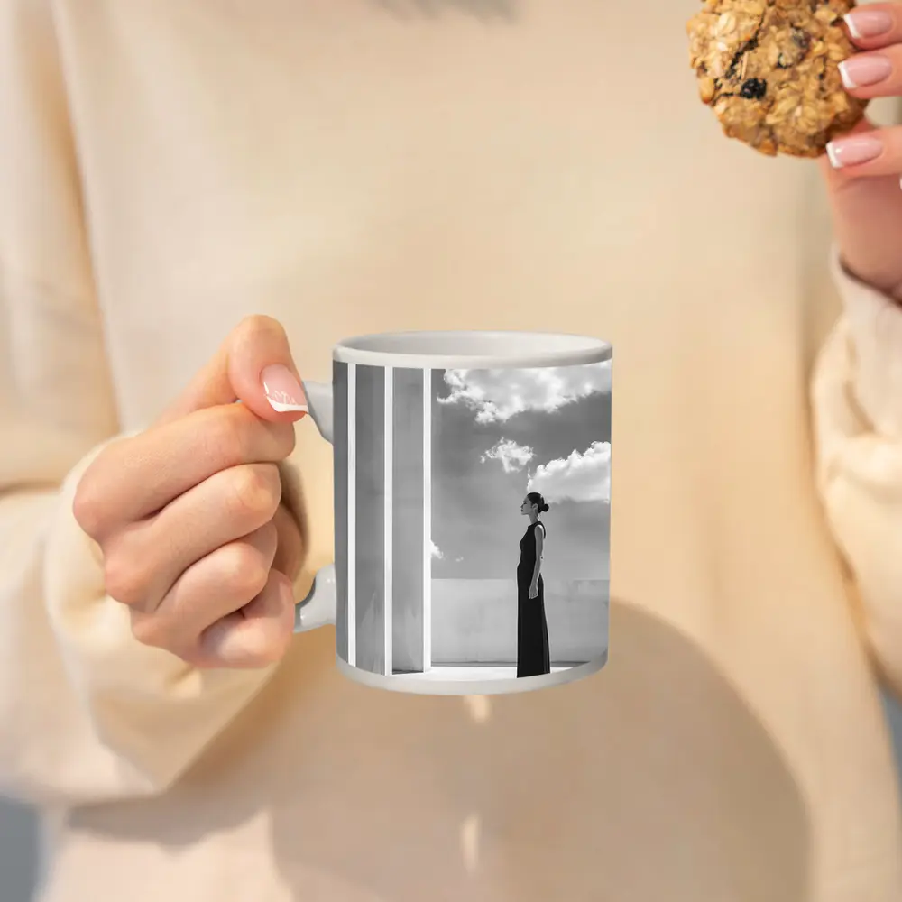 Woman Black Dress White Columns Sky – Mugs