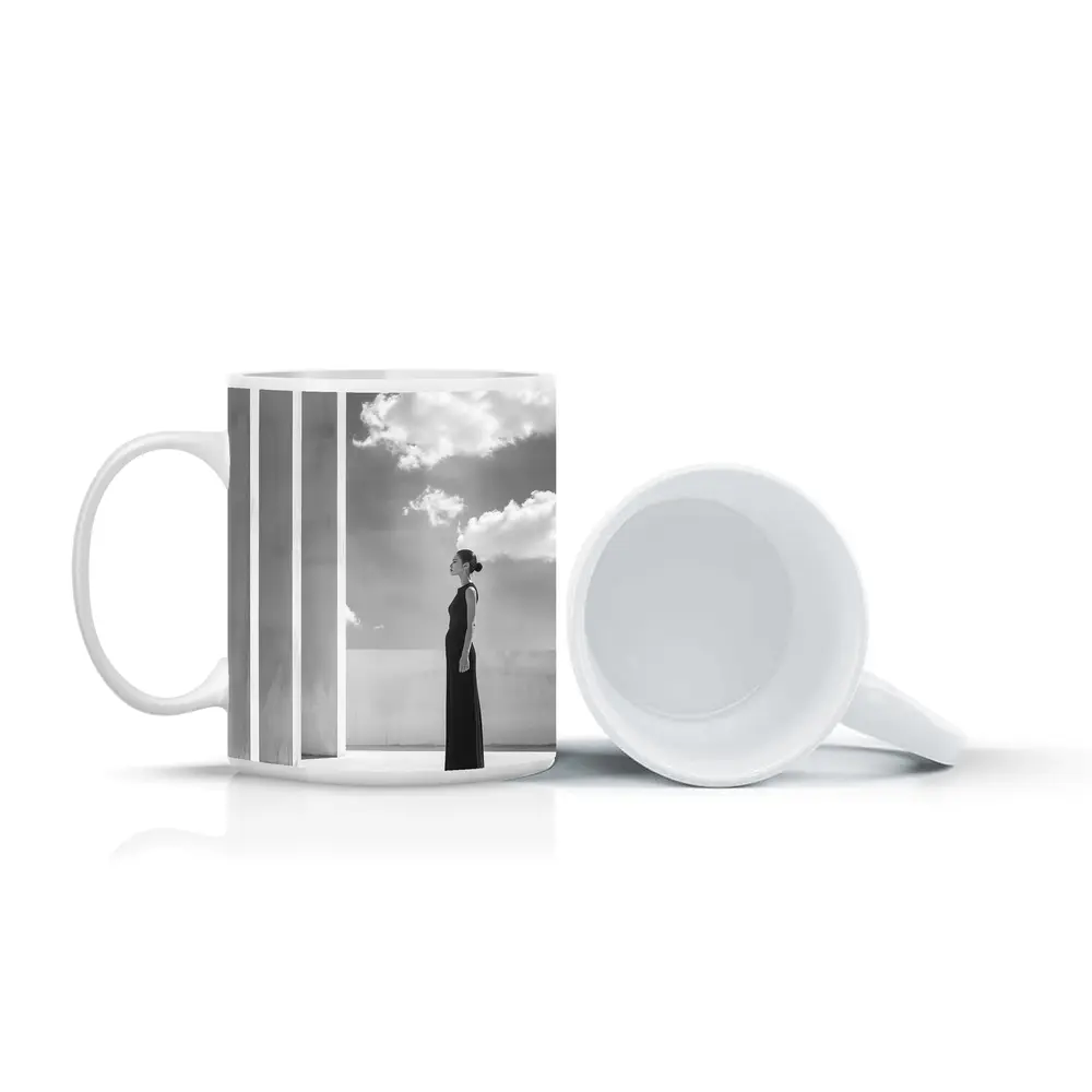 Woman Black Dress White Columns Sky – Mugs