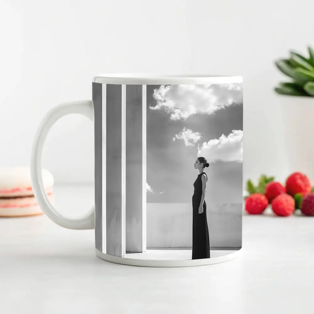 Woman Black Dress White Columns Sky – Mugs