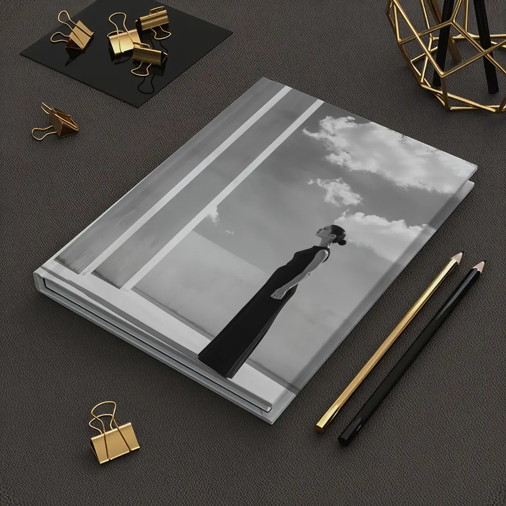 Woman Black Dress White Columns Sky – Notebooks