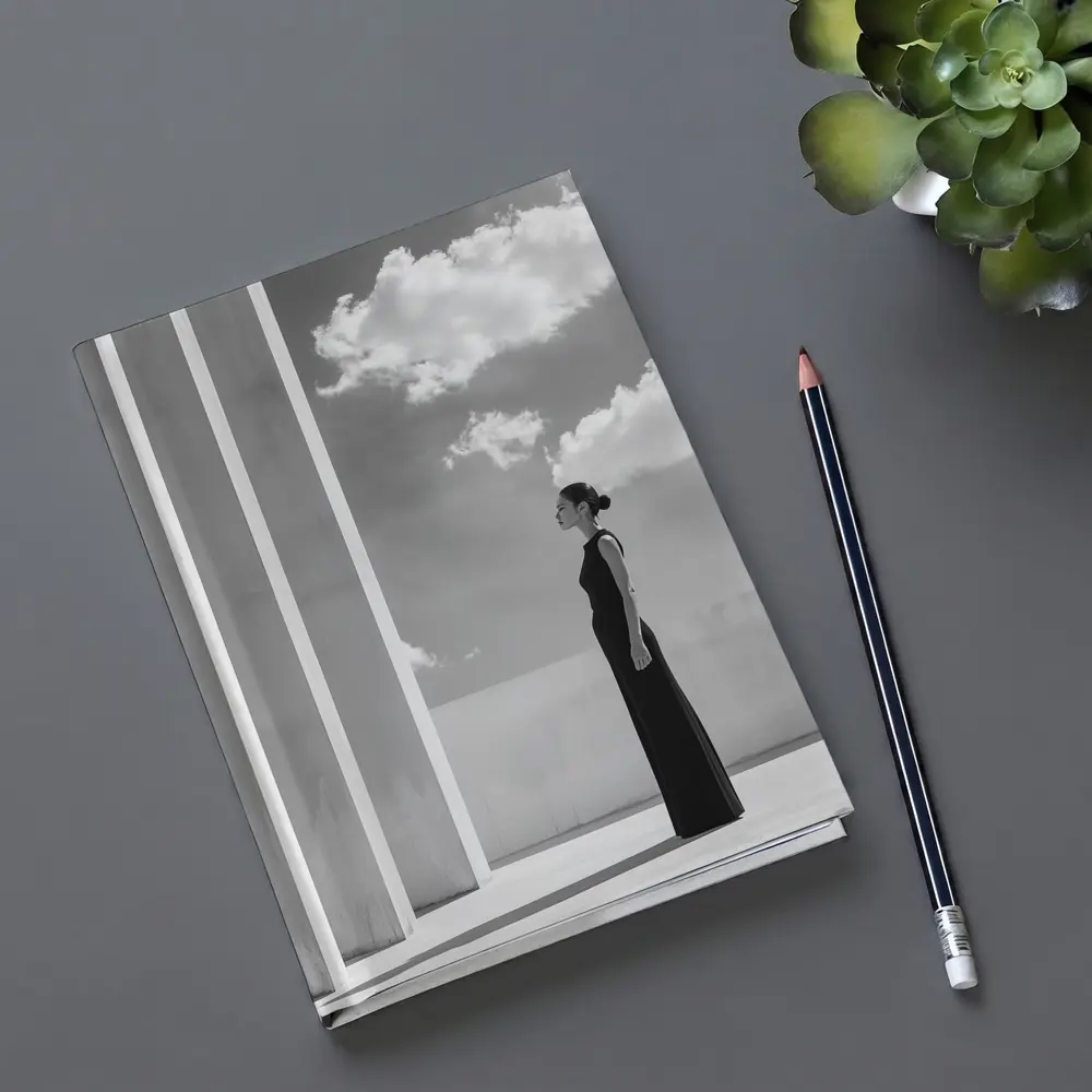 Woman Black Dress White Columns Sky – Notebooks