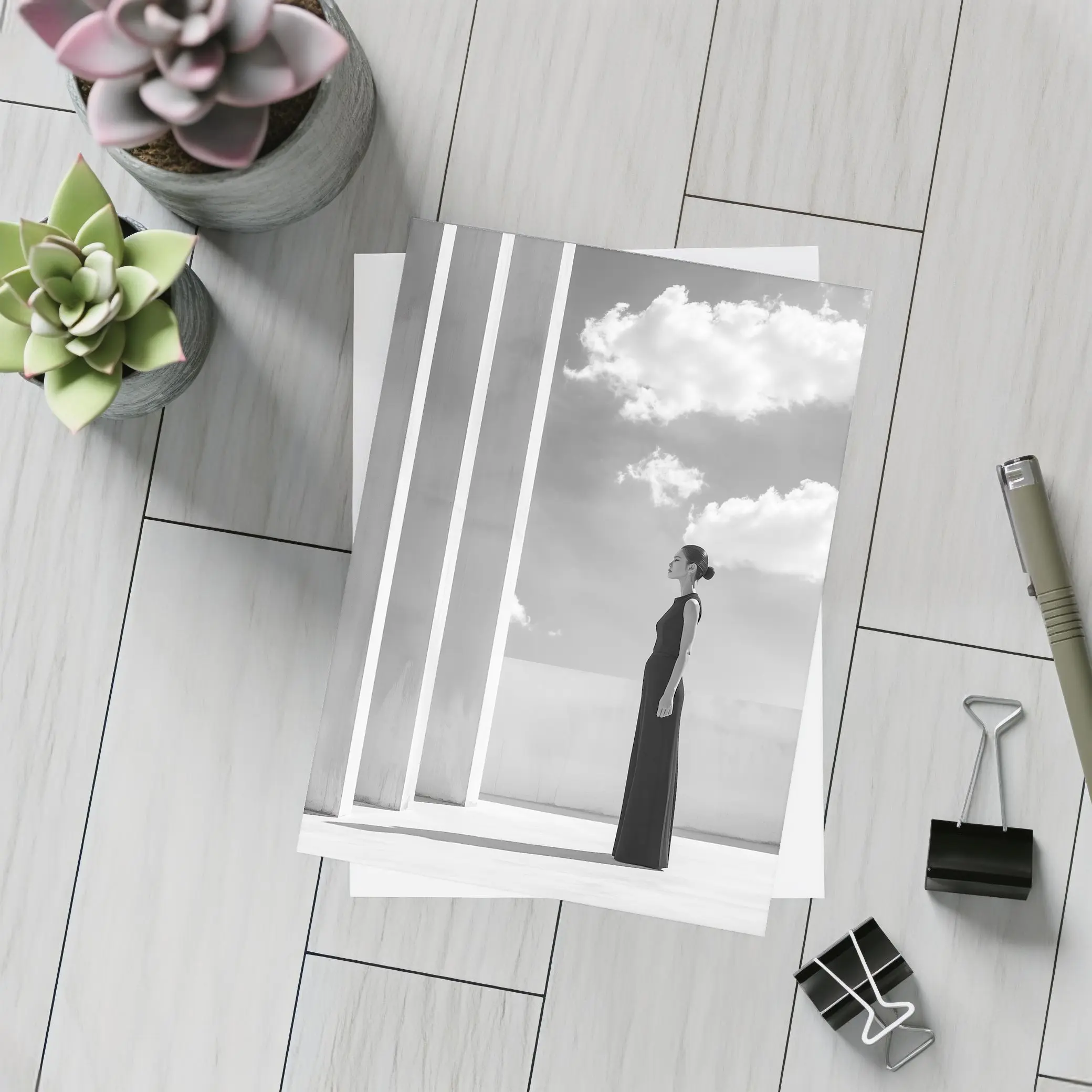 Woman Black Dress White Columns Sky – Postcards