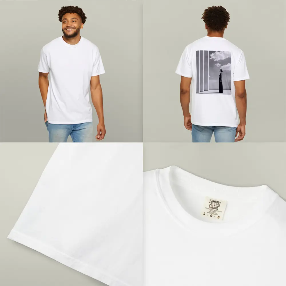 Woman Black Dress White Columns Sky – T-Shirts