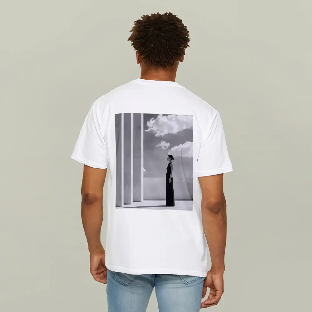 Woman Black Dress White Columns Sky – T-Shirts