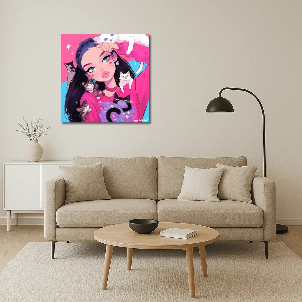 Anime Girl With Cats Pink Blue Background – Wall Art
