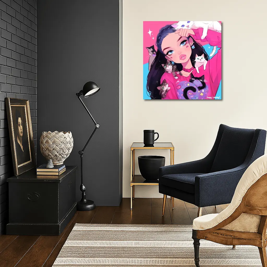 Anime Girl With Cats Pink Blue Background – Wall Art