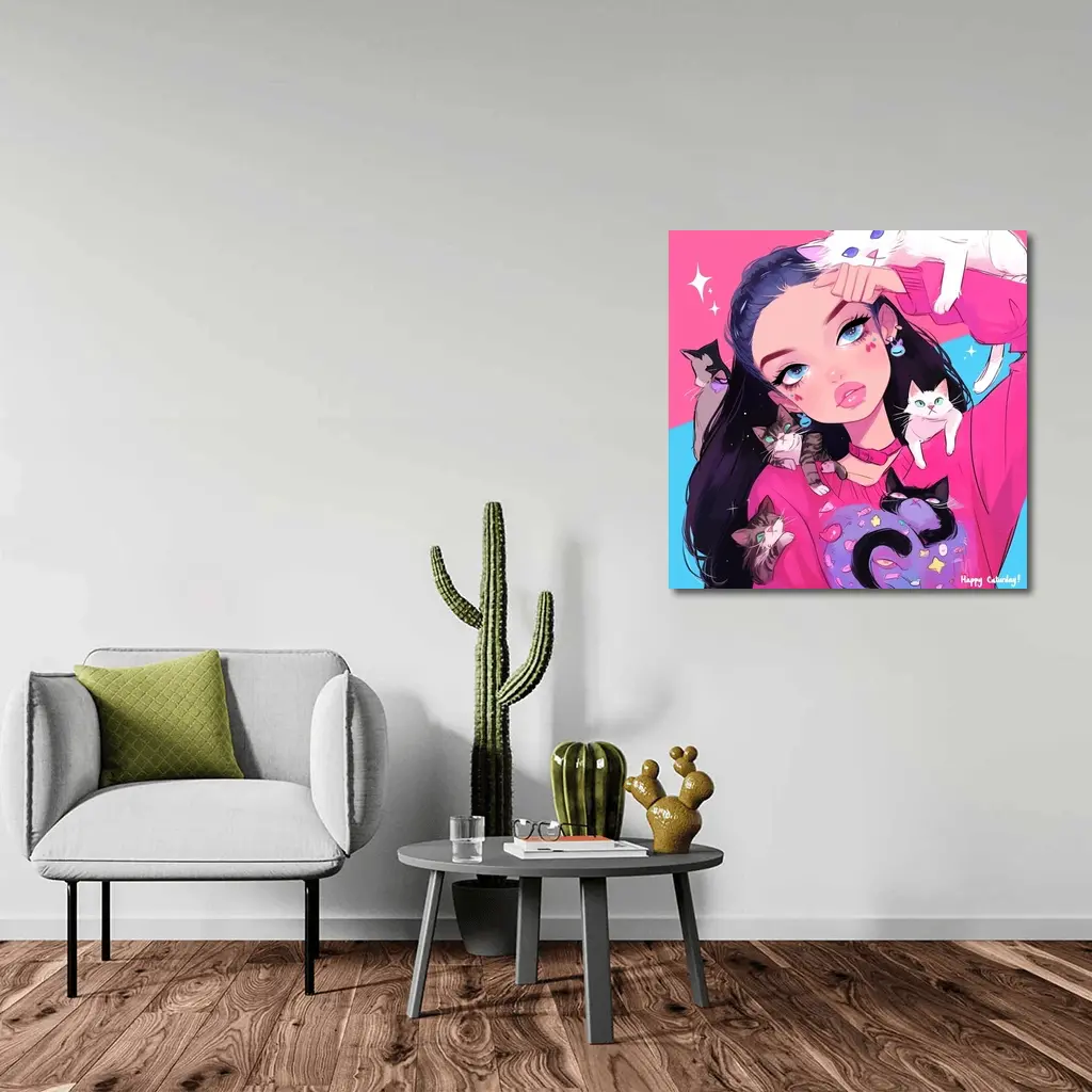 Anime Girl With Cats Pink Blue Background – Wall Art