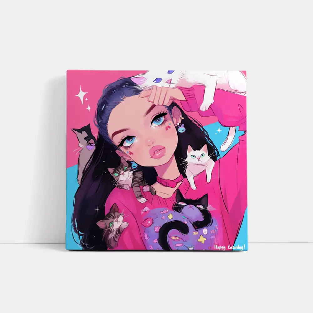 Anime Girl With Cats Pink Blue Background – Wall Art