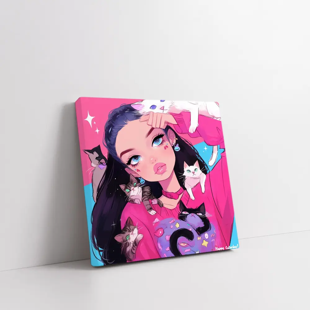Anime Girl With Cats Pink Blue Background – Wall Art