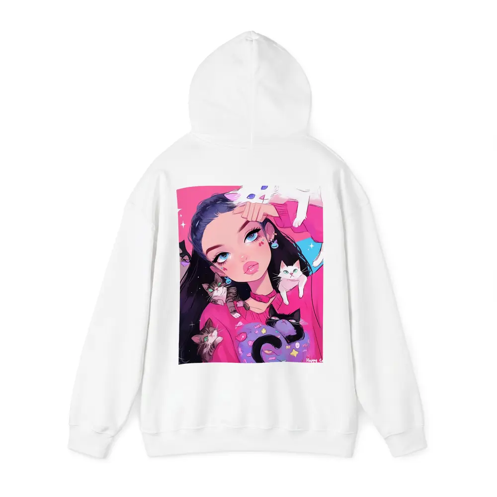 Anime Girl With Cats Pink Blue Background – Hoodies