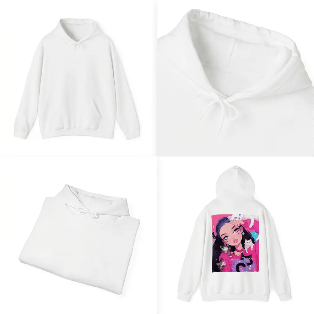 Anime Girl With Cats Pink Blue Background – Hoodies