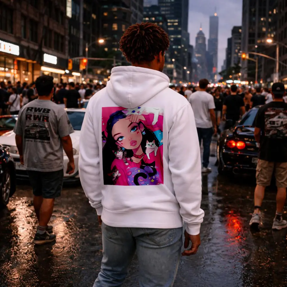 Anime Girl With Cats Pink Blue Background – Hoodies
