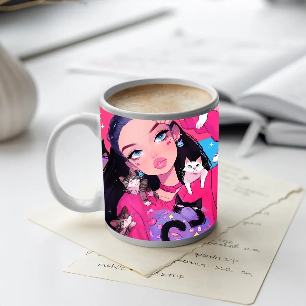 Anime Girl With Cats Pink Blue Background – Mugs