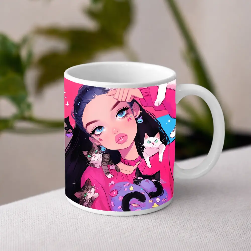 Anime Girl With Cats Pink Blue Background – Mugs