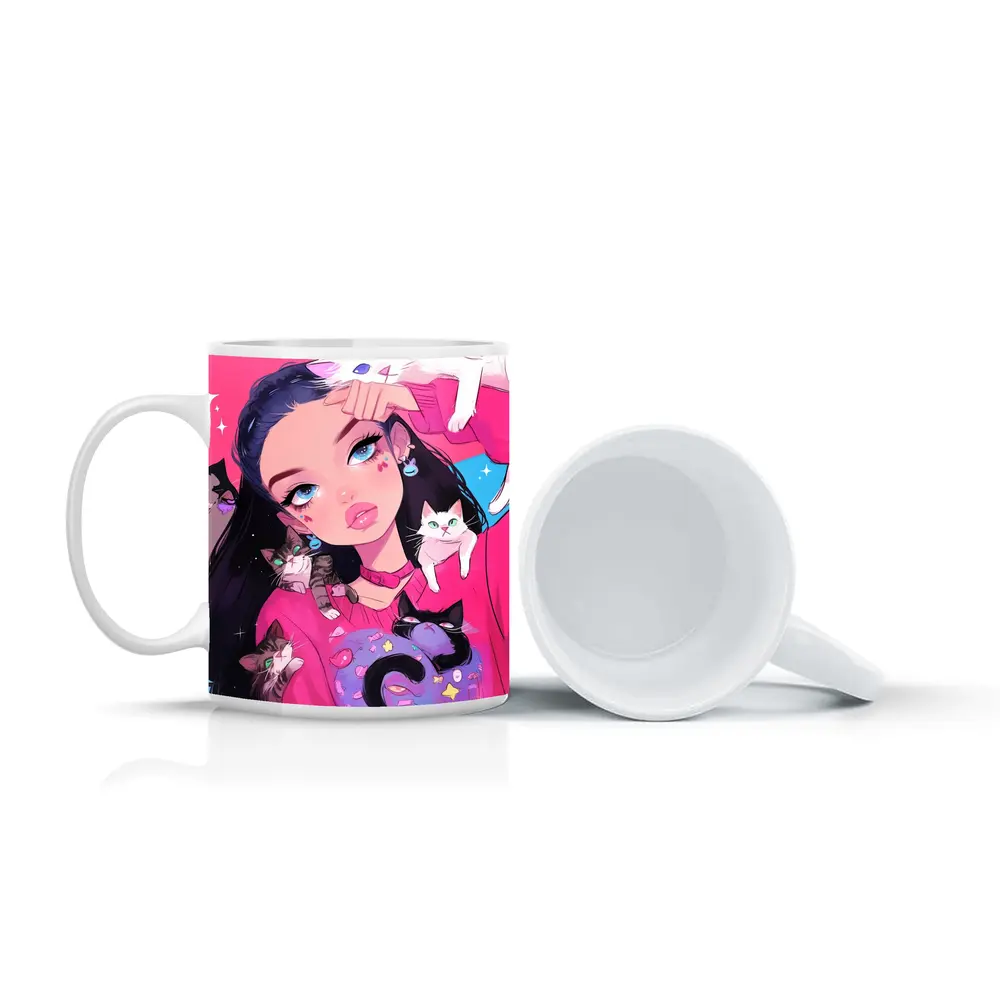 Anime Girl With Cats Pink Blue Background – Mugs