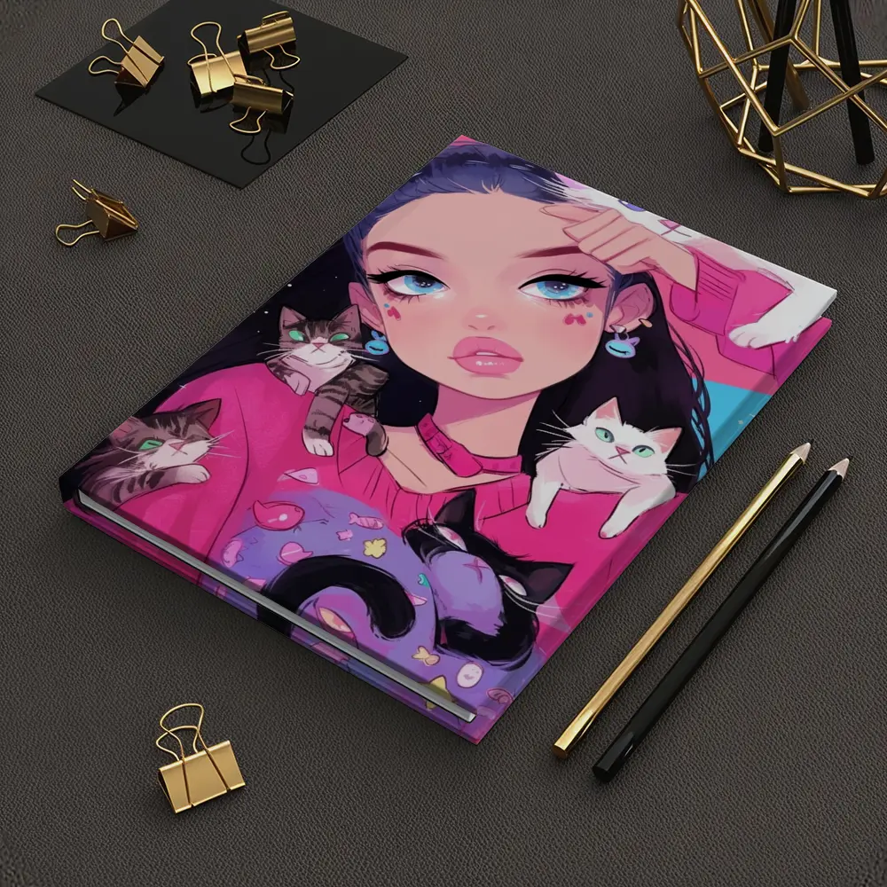 Anime Girl With Cats Pink Blue Background – Notebooks