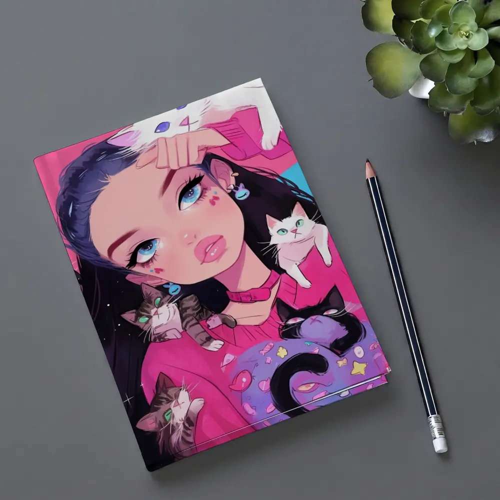 Anime Girl With Cats Pink Blue Background – Notebooks