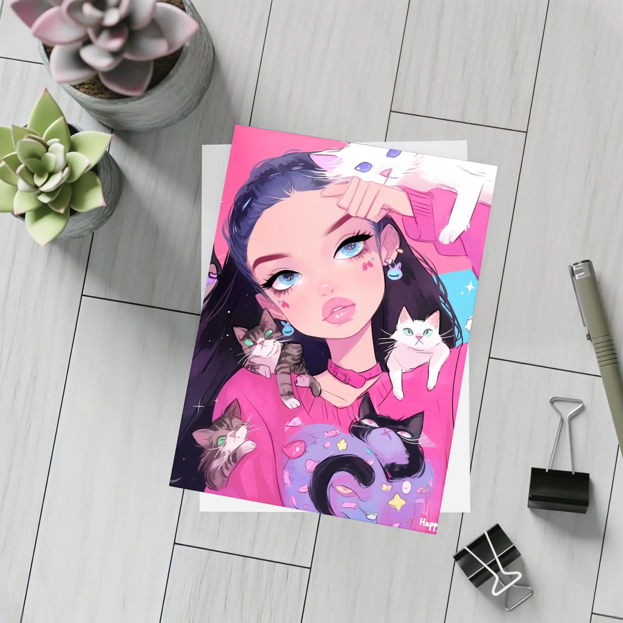 Anime Girl With Cats Pink Blue Background – Postcards