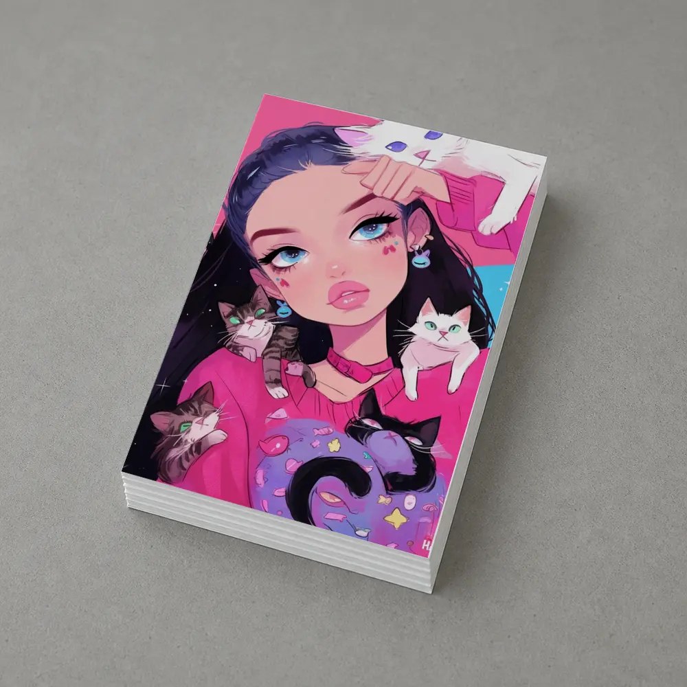 Anime Girl With Cats Pink Blue Background – Postcards