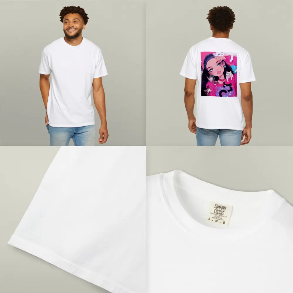 Anime Girl With Cats Pink Blue Background – T-Shirts