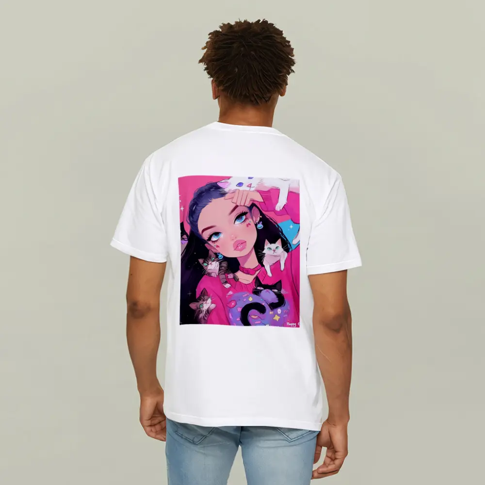 Anime Girl With Cats Pink Blue Background – T-Shirts