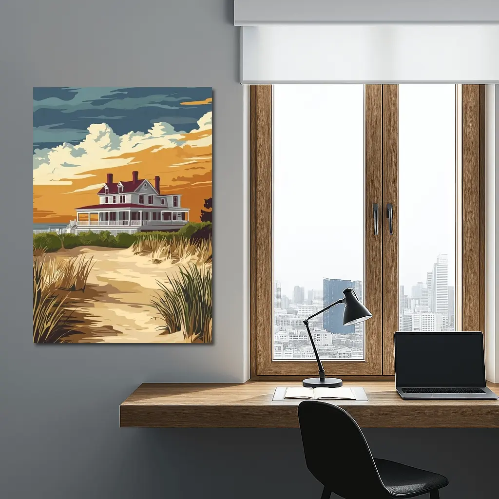 Beach House Sand Dunes Golden Sky Art – Wall Art