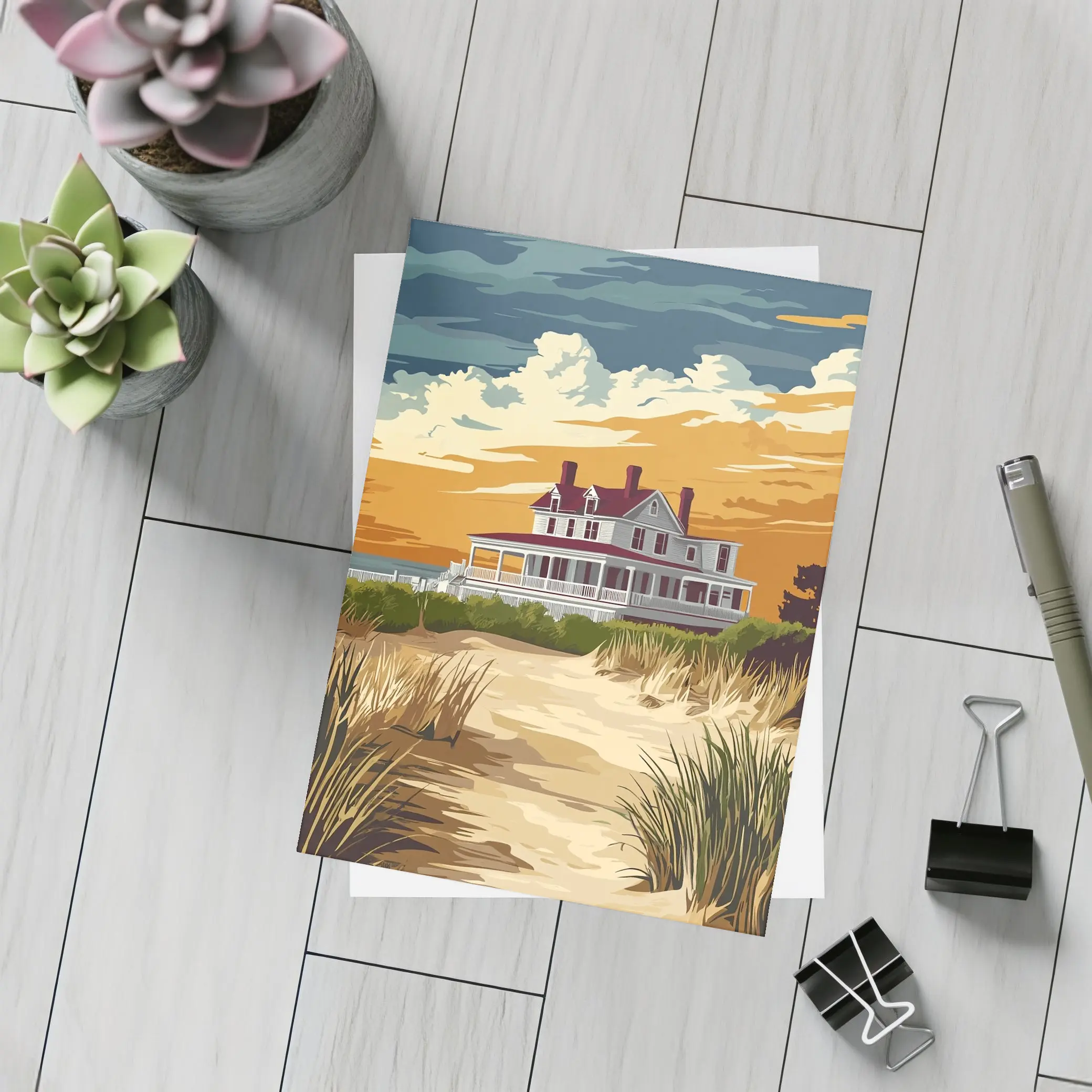 Beach House Sand Dunes Golden Sky Art – Postcards