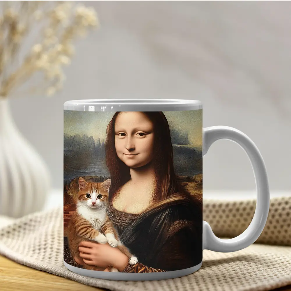 Mona Lisa Holding Orange Tabby Cat – Mugs