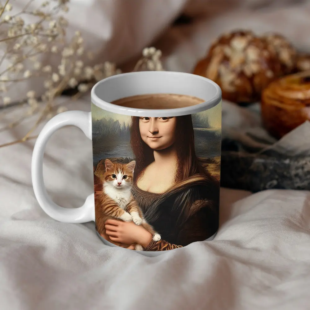 Mona Lisa Holding Orange Tabby Cat – Mugs