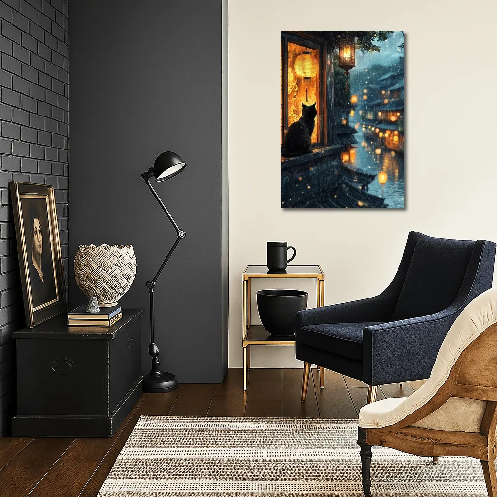 Black Cat Rainy Night Asian Lantern City – Wall Art