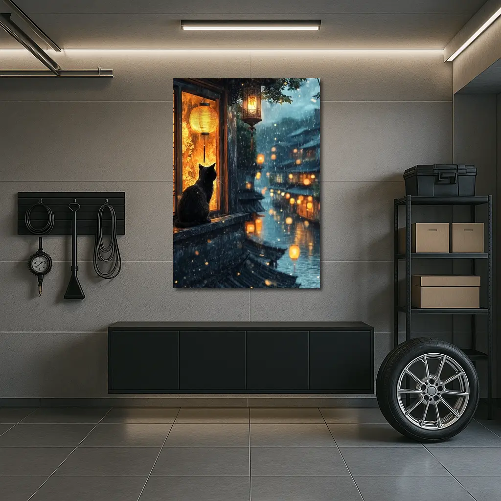 Black Cat Rainy Night Asian Lantern City – Wall Art
